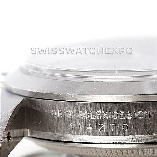 This image shows a close-up angle of a Rolex Explorer 114270 Men's Stainless Steel Black Dial 114270 Men's Stainless Steel Black Dial model, focusing on the side of the case with engraving details.