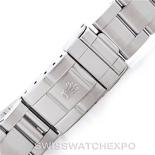 This image shows the clasp and part of the stainless steel bracelet of a Rolex Explorer 114270 Men's Stainless Steel Black Dial 114270 Men's Stainless Steel Black Dial watch.