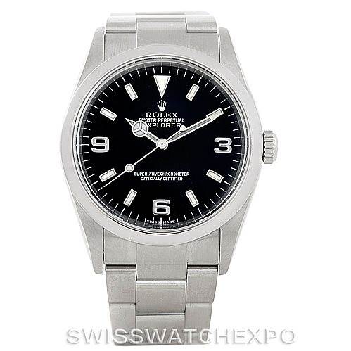 The image shows a front view of a Rolex Explorer 114270 Men's Stainless Steel Black Dial 114270 Men's Stainless Steel Black Dial model watch, displaying its dial, hands, case, and bracelet.