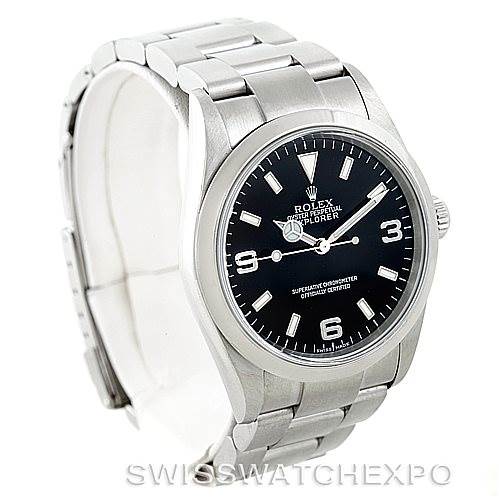This image shows a side-angle view of a Rolex Explorer 114270 Men's Stainless Steel Black Dial 114270 Men's Stainless Steel Black Dial watch, highlighting the dial, bezel, and bracelet.