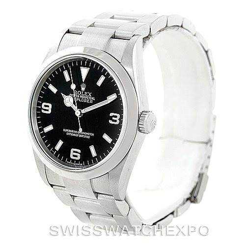 This image shows a Rolex Explorer 114270 Men's Stainless Steel Black Dial 114270 Men's Stainless Steel Black Dial watch from a front angle, highlighting its black dial, stainless steel case, and bracelet.