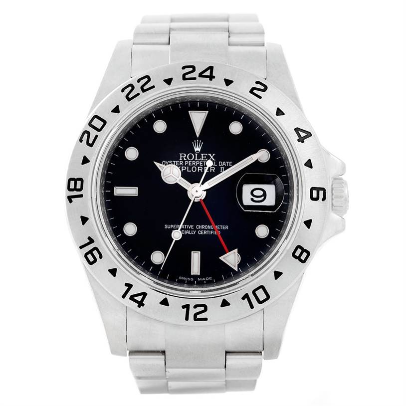The image shows a front view of the Rolex Explorer 16570 Men
s Stainless Steel Black Dial 16570 Men
s Stainless Steel Black Dial watch, displaying the dial, bezel, and part of the bracelet.