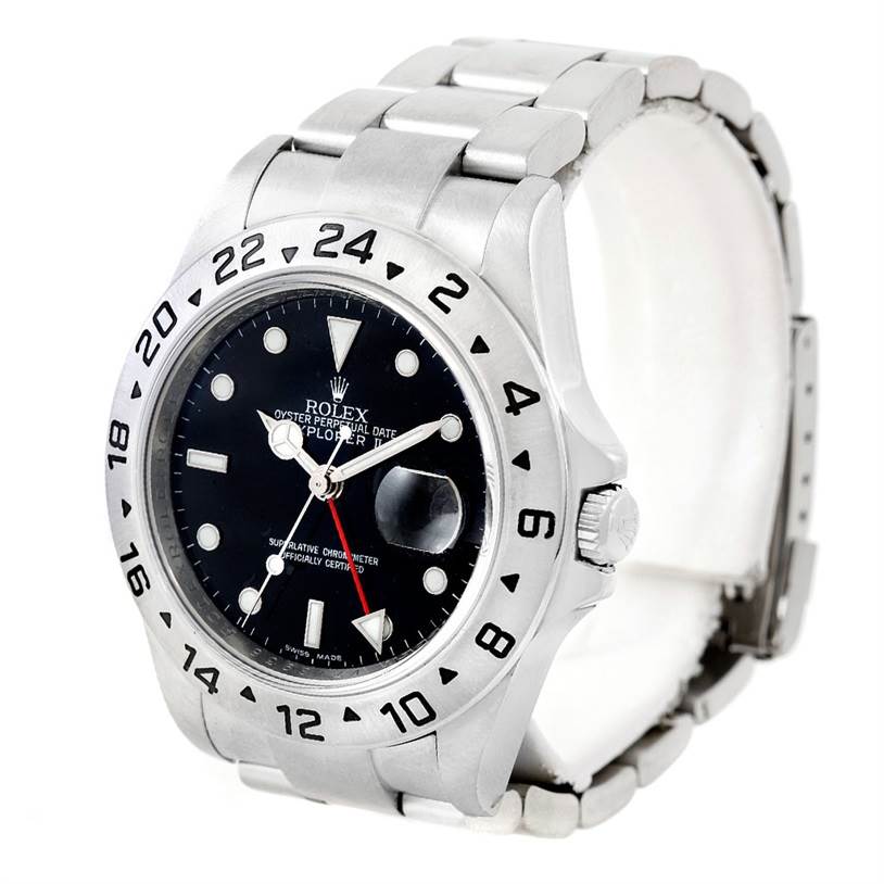 The Rolex Explorer 16570 Men
s Stainless Steel Black Dial 16570 Men
s Stainless Steel Black Dial watch is shown at an angled view, highlighting the bezel, dial, crown, and part of the bracelet.