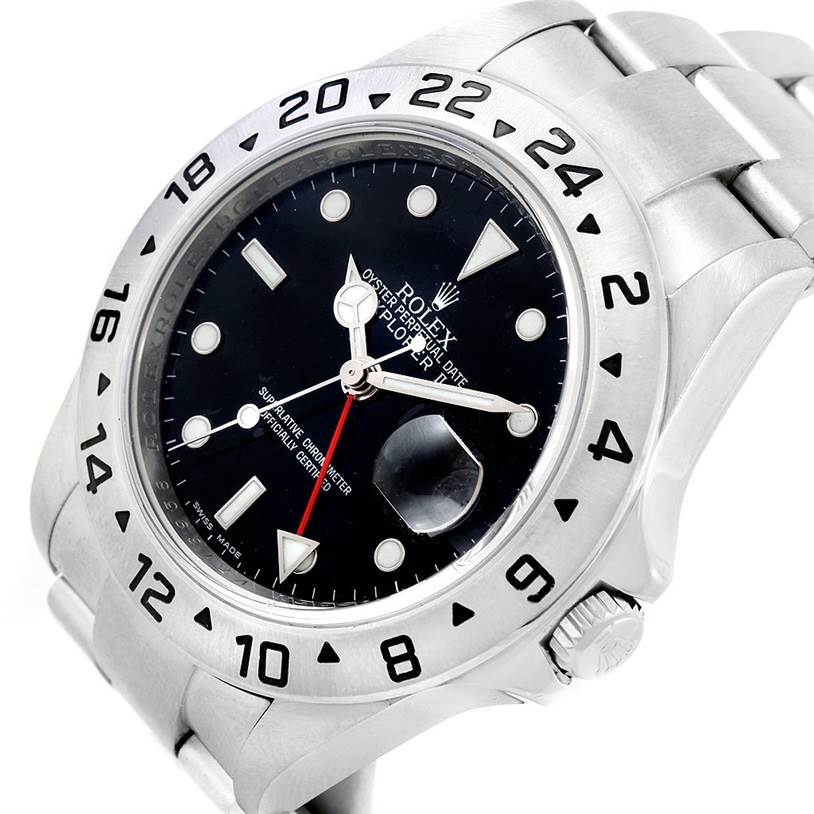 The image shows a Rolex Explorer 16570 Men
s Stainless Steel Black Dial 16570 Men
s Stainless Steel Black Dial watch from an angled view, displaying its dial, bezel, crown, and part of the bracelet.