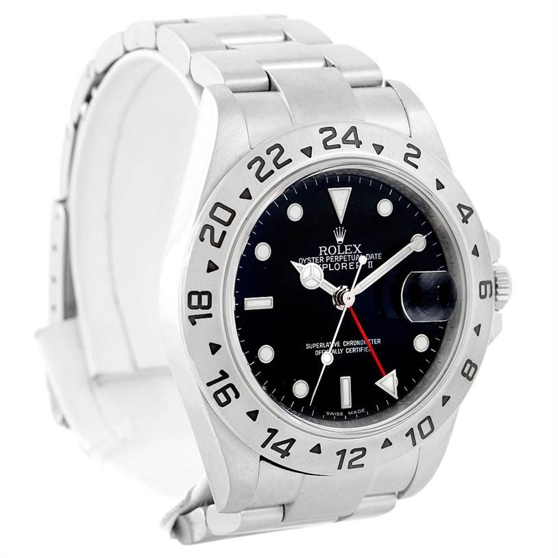 The Rolex Explorer 16570 Men
s Stainless Steel Black Dial 16570 Men
s Stainless Steel Black Dial watch is shown from a three-quarters front angle, highlighting the dial, bezel, and bracelet.