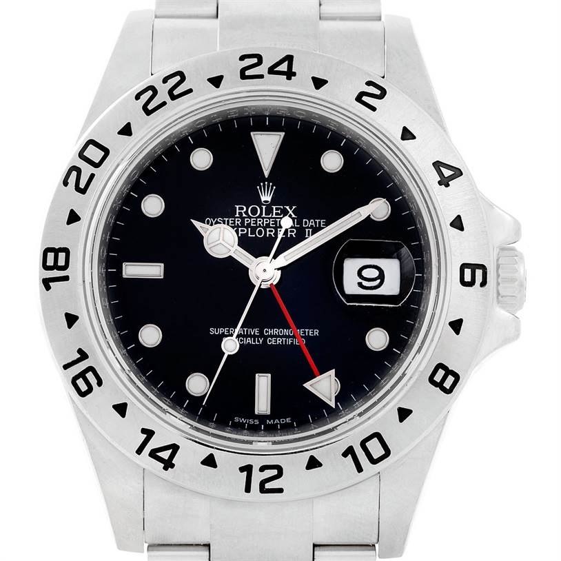 This image shows a front view of the Rolex Explorer 16570 Men
s Stainless Steel Black Dial 16570 Men
s Stainless Steel Black Dial watch, highlighting its black dial, date window, and bezel with 24-hour markings.