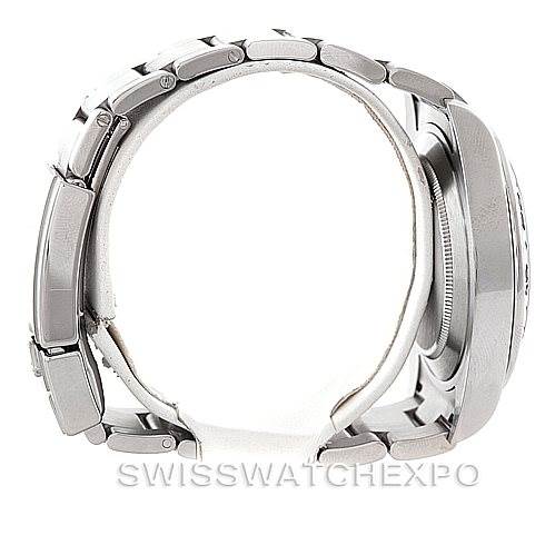 The image shows a side profile of the Rolex Explorer 216570 Men's Stainless Steel White Dial 216570 Men's Stainless Steel White Dial watch, highlighting its bracelet and case.