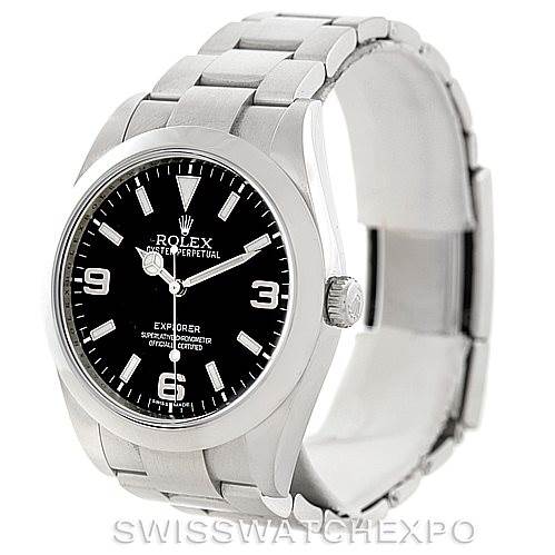 The image shows a front-side angle of a Rolex Explorer 214270 Men's Stainless Steel Black Dial 214270 Men's Stainless Steel Black Dial watch, highlighting its black dial, silver case, and metal bracelet.