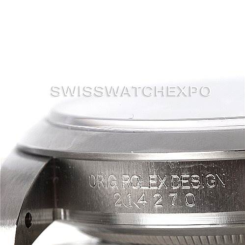 Close-up of the side view of a Rolex Explorer 214270 Men's Stainless Steel Black Dial 214270 Men's Stainless Steel Black Dial watch, showing the engraved model number "214270."