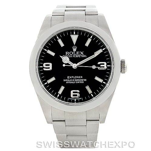 The image shows a front view of a Rolex Explorer 214270 Men's Stainless Steel Black Dial 214270 Men's Stainless Steel Black Dial watch, displaying the dial, hands, crown, and bracelet.