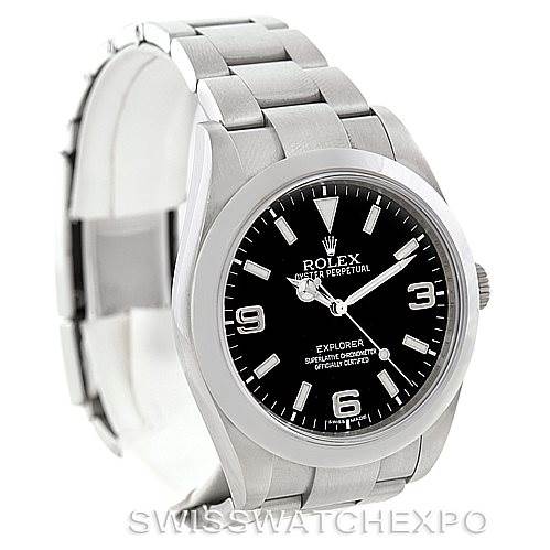The image shows a front-left angle of the Rolex Explorer 214270 Men's Stainless Steel Black Dial 214270 Men's Stainless Steel Black Dial watch, highlighting the dial, bezel, bracelet, and crown.