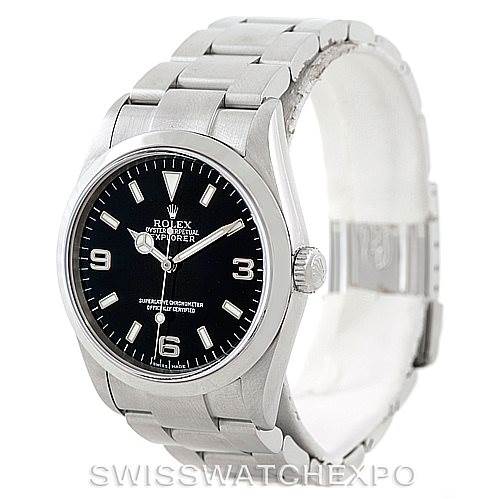 The image shows a Rolex Explorer 114270 Men's Stainless Steel Black Dial 114270 Men's Stainless Steel Black Dial model watch at a front-left angle, displaying the dial, bezel, bracelet, and clasp.