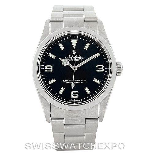 This image shows a front view of a Rolex Explorer 114270 Men's Stainless Steel Black Dial 114270 Men's Stainless Steel Black Dial watch, displaying its dial, hands, and bracelet.