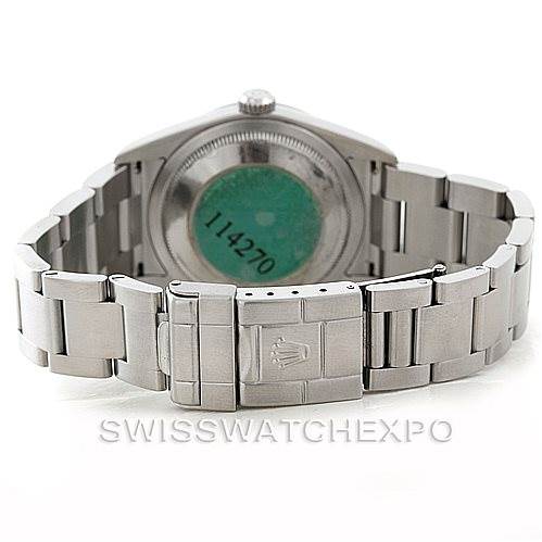 The image shows the back of a Rolex Explorer 114270 Men's Stainless Steel Black Dial 114270 Men's Stainless Steel Black Dial model, including its case back and stainless steel bracelet with a clasp.