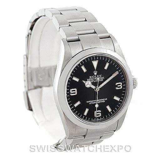 The Rolex Explorer 114270 Men's Stainless Steel Black Dial 114270 Men's Stainless Steel Black Dial watch is shown at a three-quarter angle, displaying the face, bezel, and bracelet.