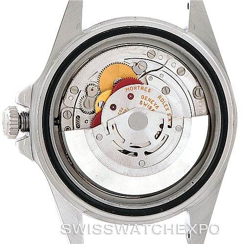 The image shows the case back removed, revealing the internal mechanism of the Rolex Explorer 16570 Men's Stainless Steel Black Dial 16570 Men's Stainless Steel Black Dial watch.