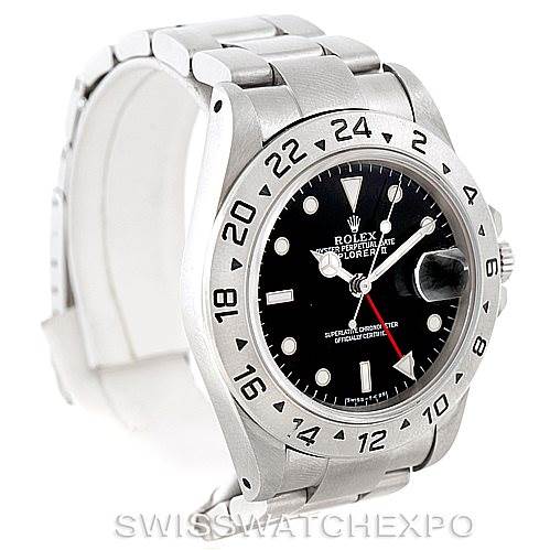 The image shows a Rolex Explorer 16570 Men's Stainless Steel Black Dial 16570 Men's Stainless Steel Black Dial watch at an angle highlighting its face, bezel, and part of the bracelet.