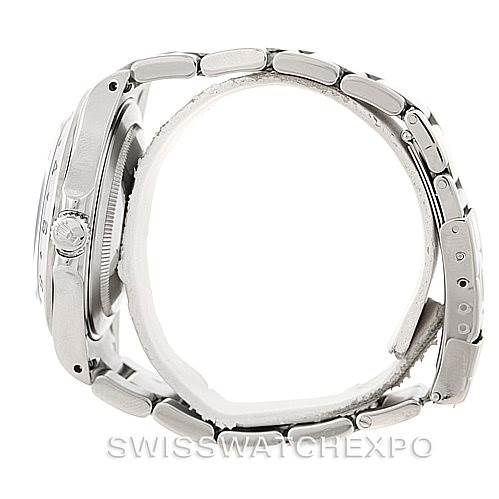 The image shows a Rolex Explorer 16570 Men's Stainless Steel Black Dial 16570 Men's Stainless Steel Black Dial watch viewed from the side, displaying the side profile, bezel, and part of the bracelet.