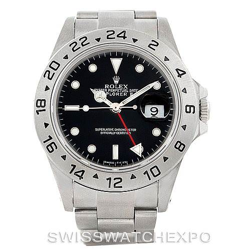This image shows a front view of the Rolex Explorer 16570 Men's Stainless Steel Black Dial 16570 Men's Stainless Steel Black Dial model watch, including the dial, bezel, crown, and stainless steel bracelet.