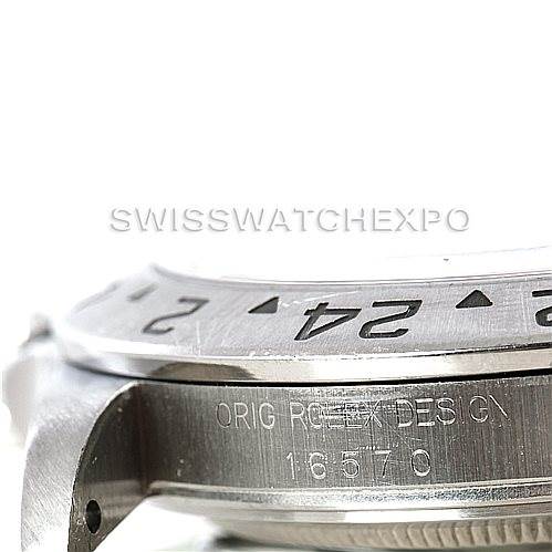 This image shows a close-up side view of the bezel and case of a Rolex Explorer 16570 Men's Stainless Steel Black Dial 16570 Men's Stainless Steel Black Dial model watch, highlighting the engraved model number 16570.