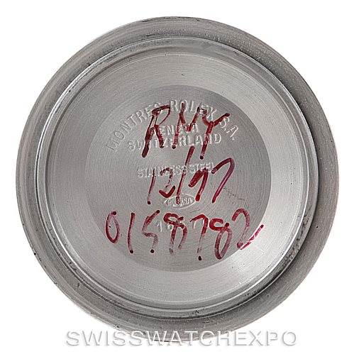 The image shows the case back of a Rolex Explorer 16570 Men's Stainless Steel Black Dial 16570 Men's Stainless Steel Black Dial watch, viewed from the interior side.