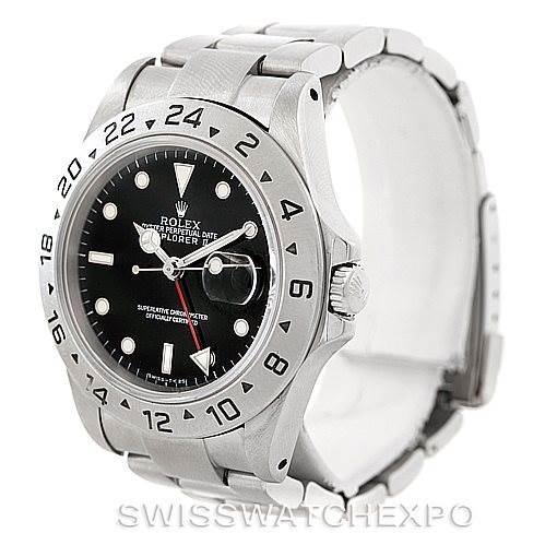The image shows a Rolex Explorer 16570 Men's Stainless Steel Black Dial 16570 Men's Stainless Steel Black Dial watch from an angled front view, highlighting the dial, bezel, and part of the bracelet.