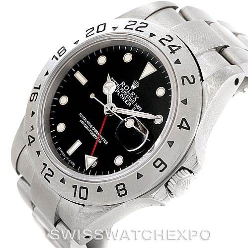 The image shows a Rolex Explorer 16570 Men's Stainless Steel Black Dial 16570 Men's Stainless Steel Black Dial watch angled to display its black dial, bezel, crown, and bracelet.