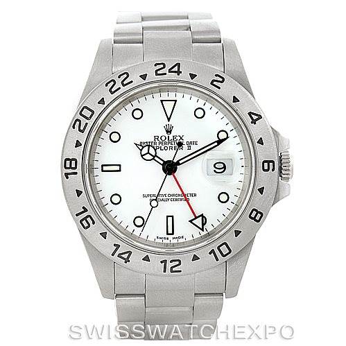 This image shows the front view of a Rolex Explorer 16570 Men
s Stainless Steel White Dial 16570 Men
s Stainless Steel White Dial watch, highlighting its dial, bezel, and bracelet.