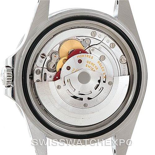 This image shows the back view of the Rolex Explorer 16570 Men
s Stainless Steel White Dial 16570 Men
s Stainless Steel White Dial watch, highlighting its internal movement and rotor mechanisms.