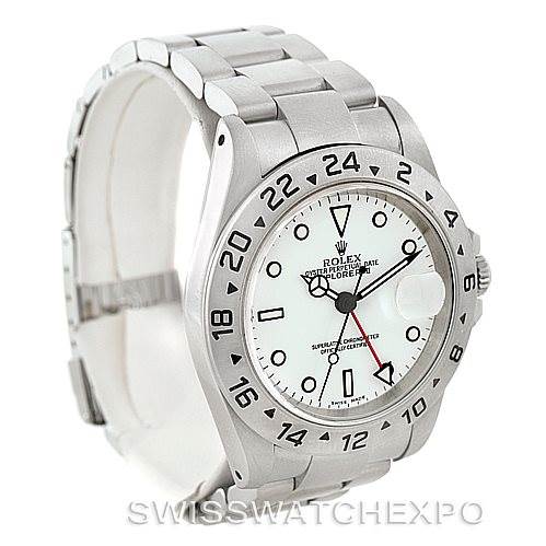The image showcases a Rolex Explorer 16570 Men
s Stainless Steel White Dial 16570 Men
s Stainless Steel White Dial watch at a three-quarter angle, highlighting the dial, bezel, case, and stainless steel bracelet.