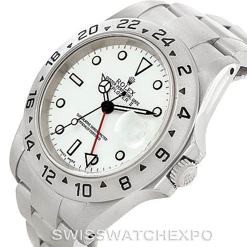 This Rolex Explorer 16570 Men
s Stainless Steel White Dial 16570 Men
s Stainless Steel White Dial watch is shown at an angle displaying its face, bezel, crown, and part of the bracelet.