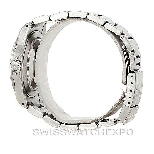 The image shows a side view of the Rolex Explorer 16570 Men
s Stainless Steel White Dial 16570 Men
s Stainless Steel White Dial watch, focusing on the metal bracelet and the side of the case.
