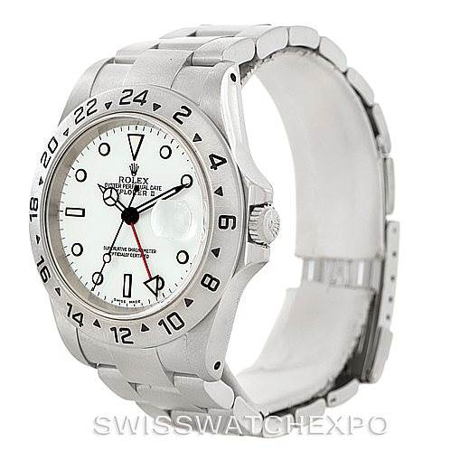 The image shows a Rolex Explorer 16570 Men
s Stainless Steel White Dial 16570 Men
s Stainless Steel White Dial model watch from an angled side view, highlighting the face, bezel, crown, and bracelet.