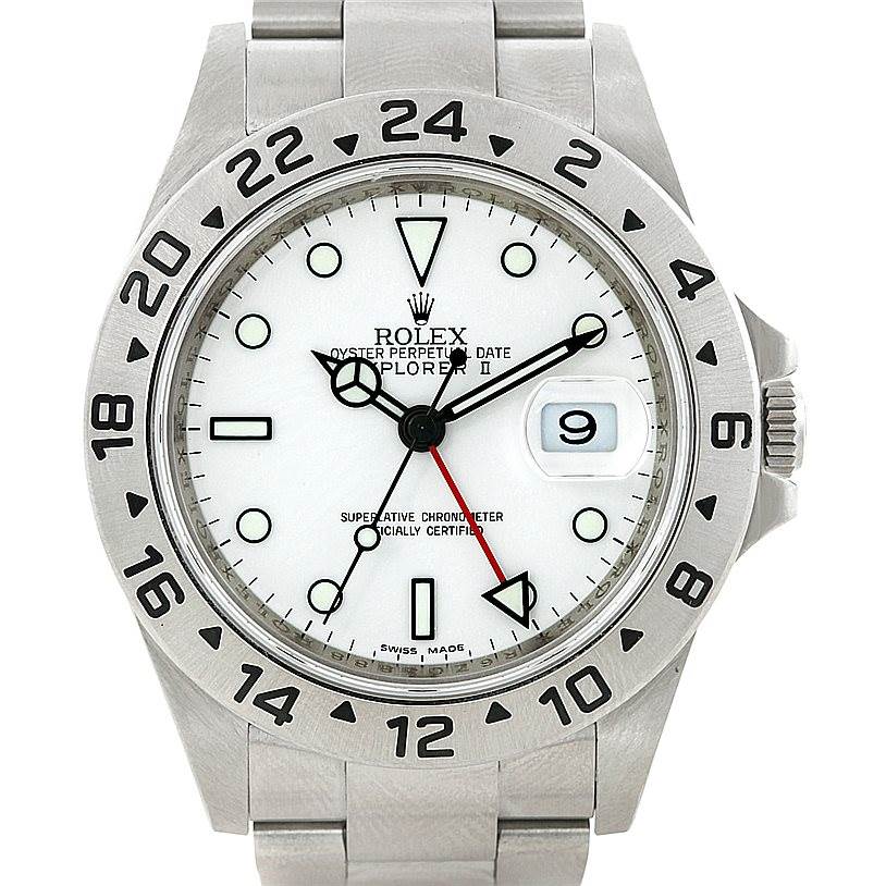 The image shows a front view of a Rolex Explorer 16570 Men's Stainless Steel White Dial 16570 Men's Stainless Steel White Dial watch, highlighting the dial, bezel, and part of the bracelet.