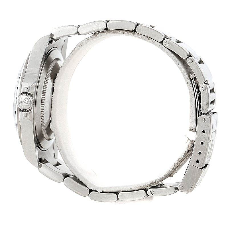 This image shows a side view of the case, crown, and part of the bracelet of the Rolex Explorer 16570 Men's Stainless Steel White Dial 16570 Men's Stainless Steel White Dial watch.