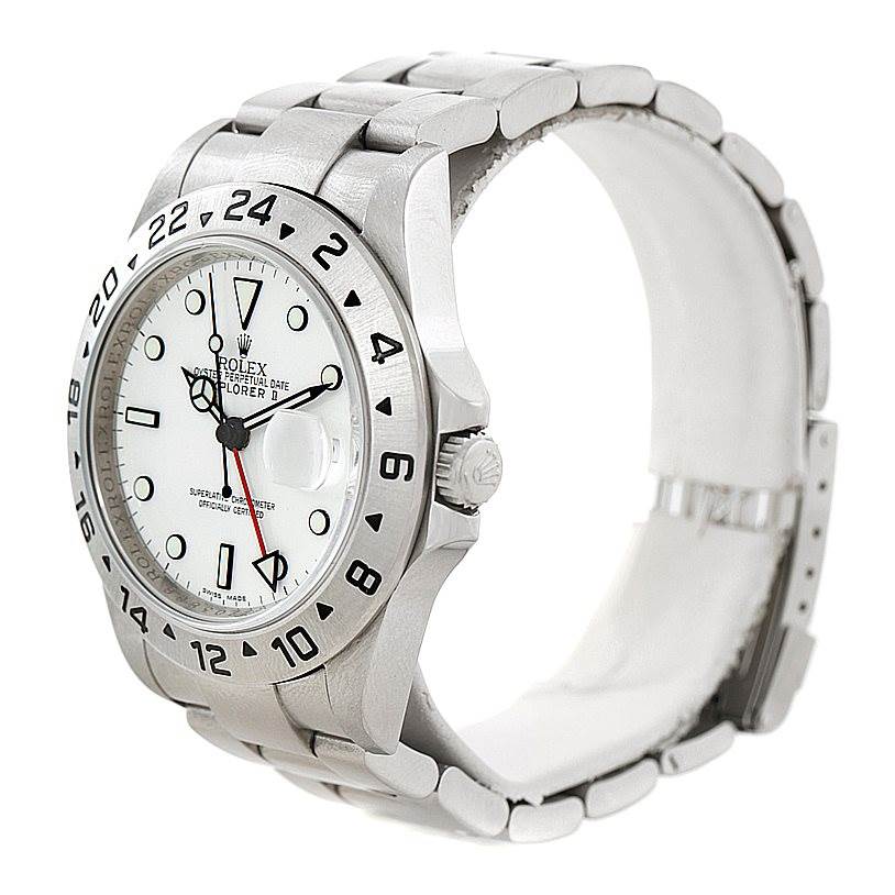 The image shows a front-side angle of a Rolex Explorer 16570 Men's Stainless Steel White Dial 16570 Men's Stainless Steel White Dial watch, displaying the face, bezel, crown, and part of the band.