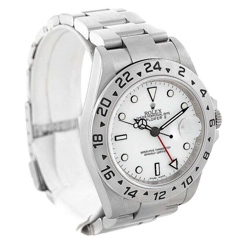 The Rolex Explorer 16570 Men's Stainless Steel White Dial 16570 Men's Stainless Steel White Dial model is shown at a three-quarter angle, highlighting the dial, bezel, and bracelet.