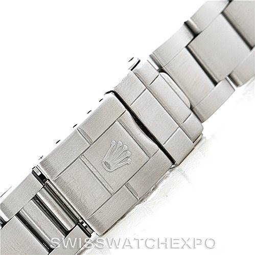 This image shows a close-up of the clasp and bracelet of a Rolex Explorer 16570 Men's Stainless Steel White Dial 16570 Men's Stainless Steel White Dial watch.