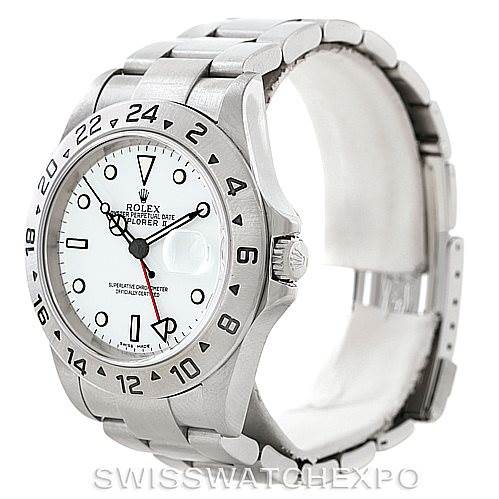 The image shows the Rolex Explorer 16570 Men's Stainless Steel White Dial 16570 Men's Stainless Steel White Dial model watch at an angled view, highlighting the dial, bezel, crown, and bracelet.