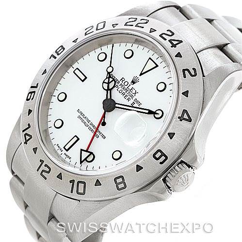 The image shows a Rolex Explorer 16570 Men's Stainless Steel White Dial 16570 Men's Stainless Steel White Dial watch from an oblique angle, highlighting the bezel, dial, crown, and bracelet.