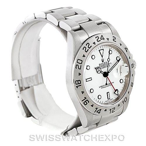 This image shows a left-angled view of a Rolex Explorer 16570 Men's Stainless Steel White Dial 16570 Men's Stainless Steel White Dial watch, highlighting the dial, bezel, and bracelet.