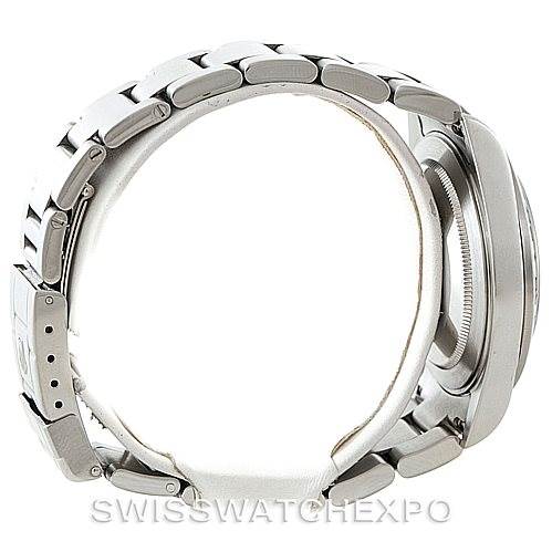 This image shows the side view of a Rolex Explorer 16570 Men's Stainless Steel White Dial 16570 Men's Stainless Steel White Dial model watch, highlighting its bracelet and case.