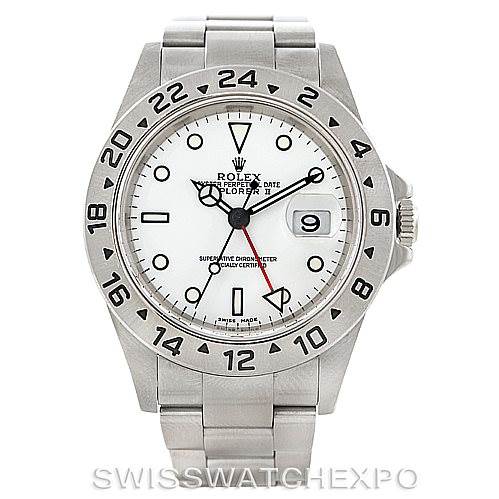 The image shows a front view of a Rolex Explorer 16570 Men's Stainless Steel White Dial 16570 Men's Stainless Steel White Dial watch with a white dial, date display, and stainless steel bracelet.