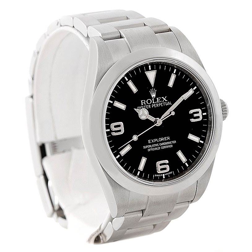 The Rolex Explorer 214270 Men's Stainless Steel Black Dial 214270 Men's Stainless Steel Black Dial watch is shown from a front angle displaying its face, bezel, case, and part of the bracelet.