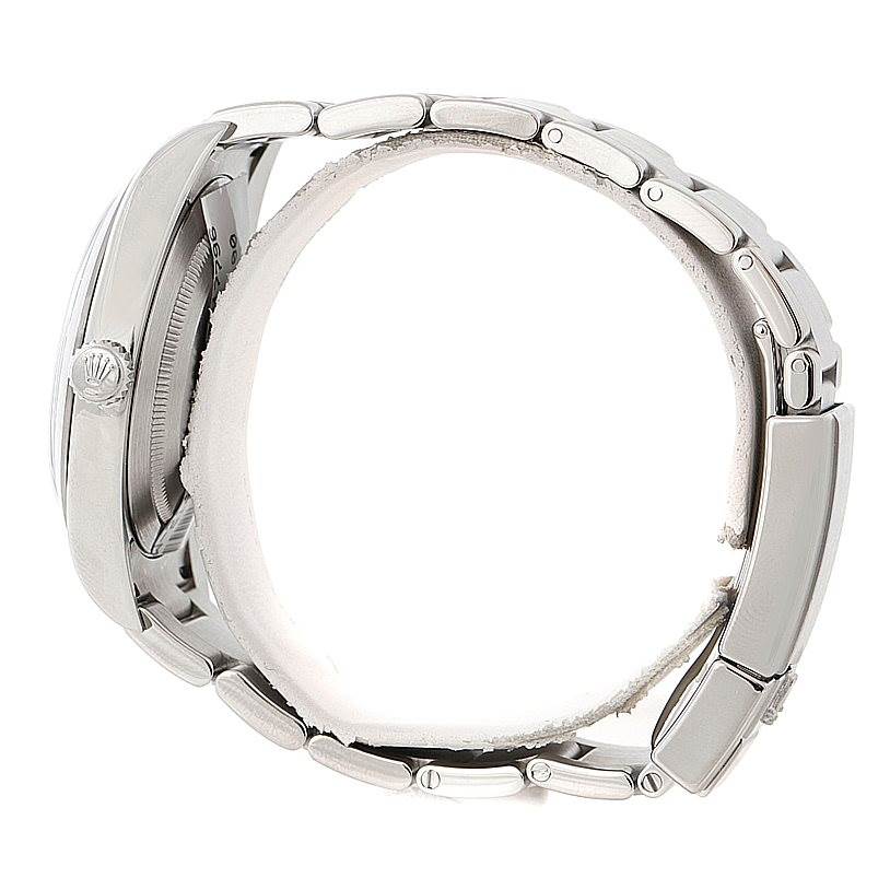 The image shows a side view of a Rolex Explorer 214270 Men's Stainless Steel Black Dial 214270 Men's Stainless Steel Black Dial watch, highlighting the clasp and side profile of the bracelet.