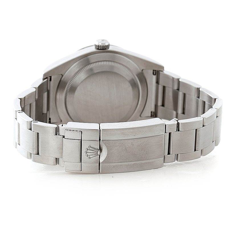 This image shows the back view of the Rolex Explorer 214270 Men's Stainless Steel Black Dial 214270 Men's Stainless Steel Black Dial watch, highlighting its case back and stainless steel bracelet with the clasp open.