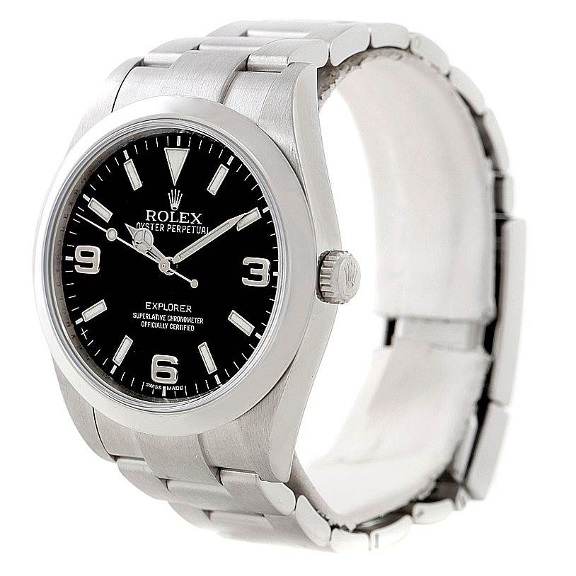 The image shows a Rolex Explorer 214270 Men's Stainless Steel Black Dial 214270 Men's Stainless Steel Black Dial watch at a three-quarter angle, highlighting its stainless steel case, black dial, and bracelet.