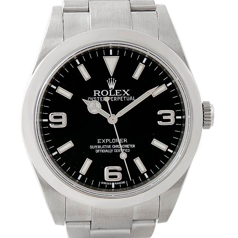 The image shows a front view of a Rolex Explorer 214270 Men's Stainless Steel Black Dial 214270 Men's Stainless Steel Black Dial, highlighting its black dial, hour markers, hands, and stainless steel bracelet.