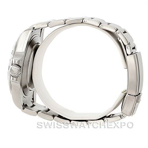 The image shows a side view of the Rolex Explorer 216570 Men
s Stainless Steel White Dial 216570 Men
s Stainless Steel White Dial watch, focusing on the case, crown, and bracelet.