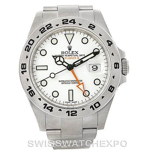 The watch shown is a Rolex Explorer 216570 Men
s Stainless Steel White Dial 216570 Men
s Stainless Steel White Dial II, viewed from the front, displaying the dial, hands, bracelet, and bezel.